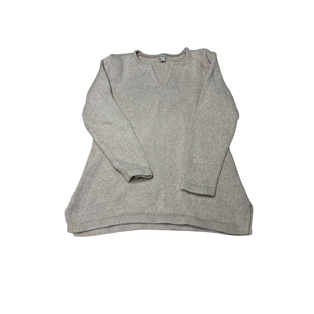 LL Bean Womens Large Cotton Split Neck‎ Sweater Oatmeal Beige Knit 273474